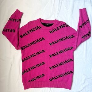 Balenciaga Reversible Fuchsia Black Logo Intarsia Sweater Size L Luxury Designer